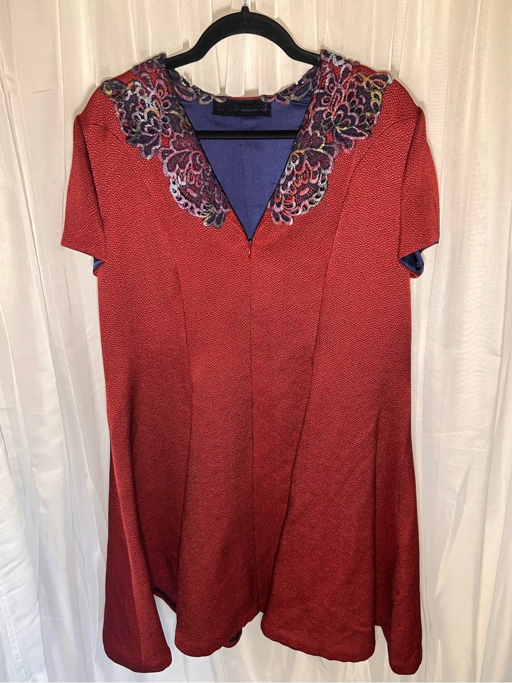 Peggy Jennings - Red & Purple Dress with Embroidered Multicolor Collar
